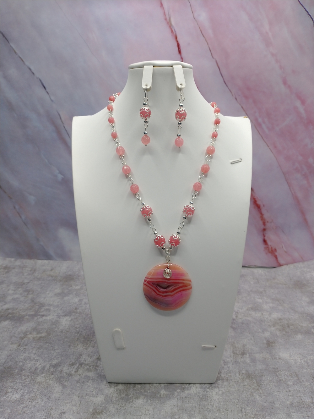 New Handmade Beaded Gemstone Necklace Set, Matching Earrings